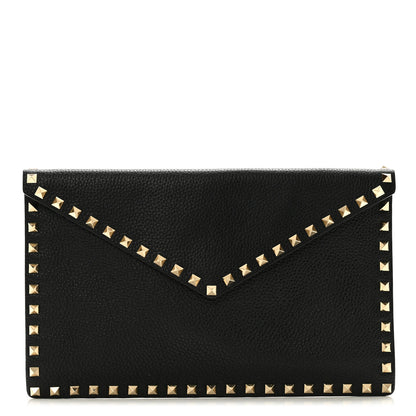 Valentino Garavani Pebbled Calfskin Large Rockstud Envelope Clutch Black 1 of 7