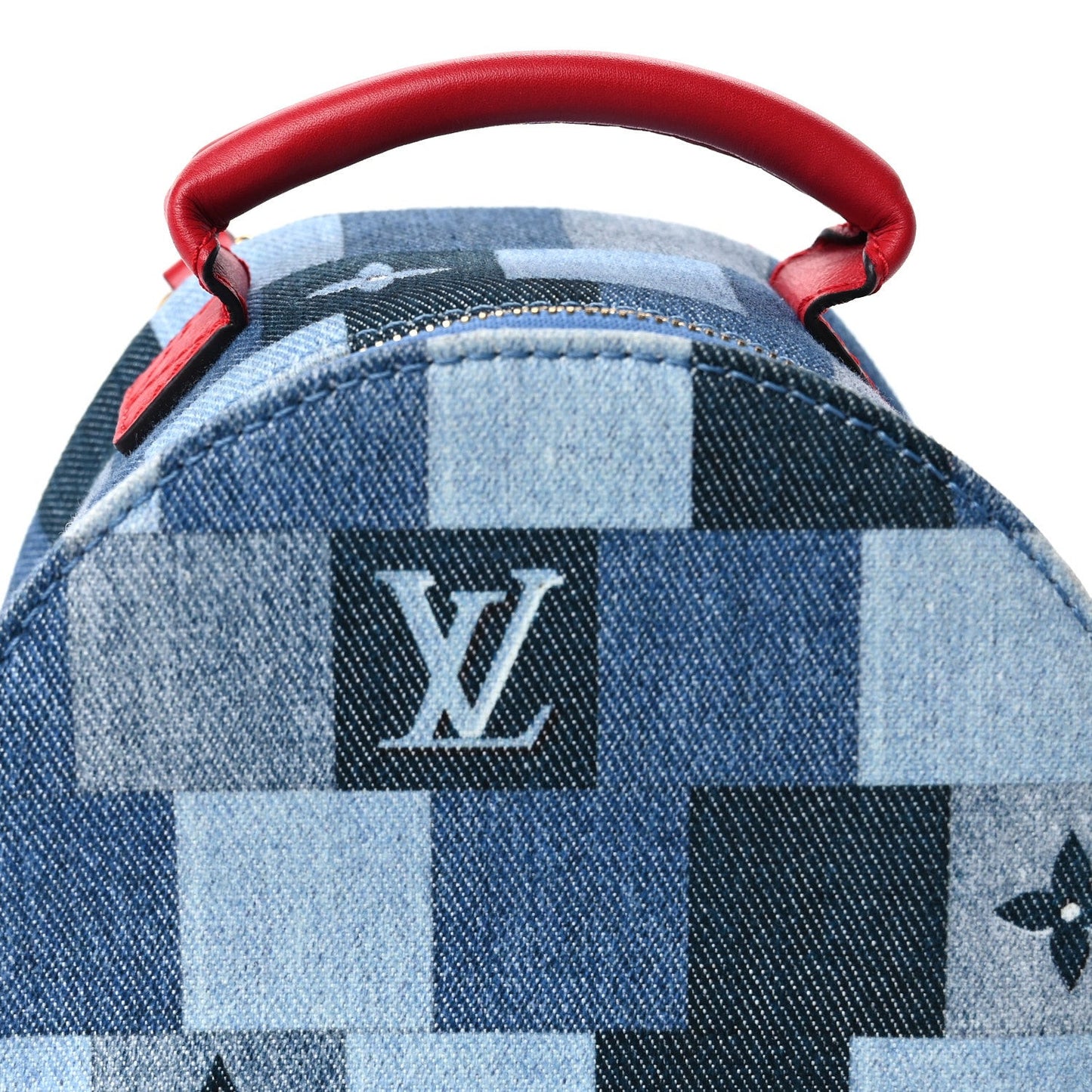 Denim Damier Monogram Patchwork Palm Springs Backpack Mini Blue Rouge