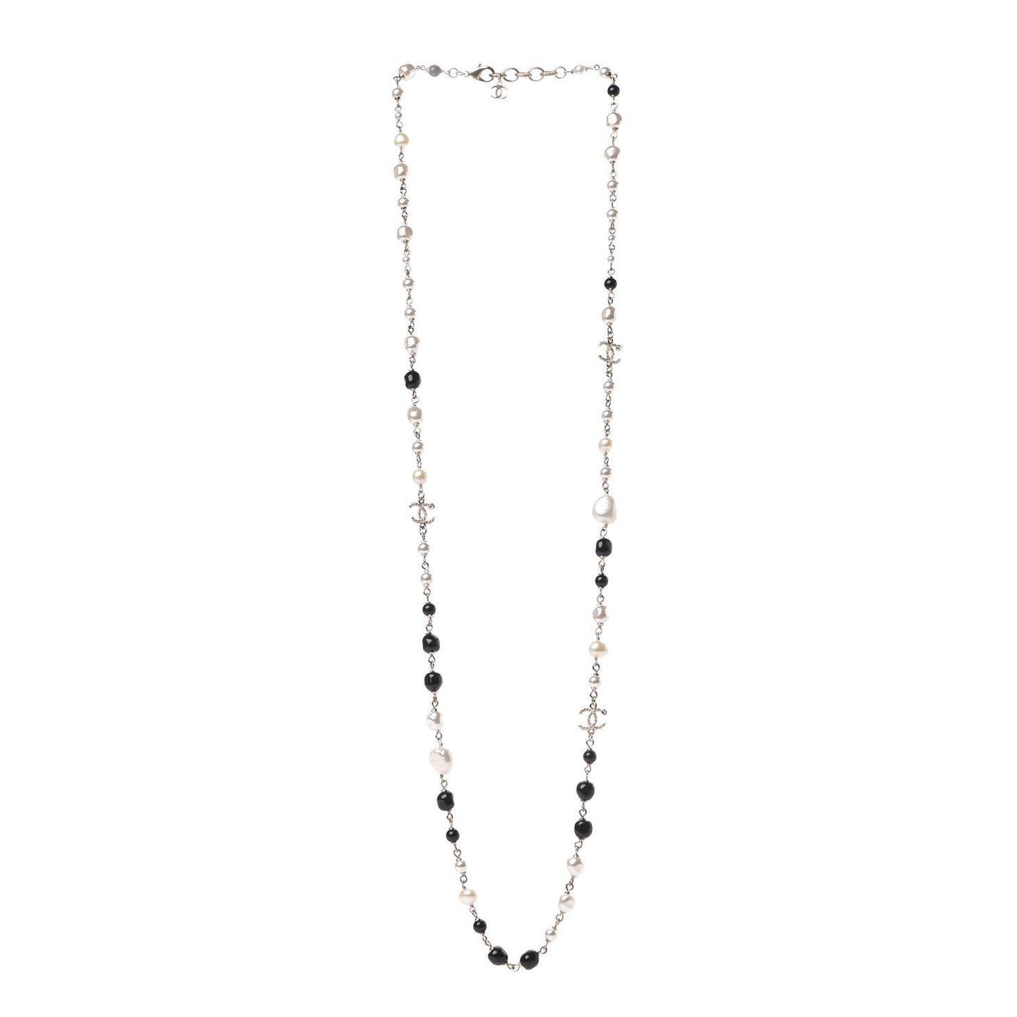 Pearl Beaded Crystal CC Long Necklace Gold Black White