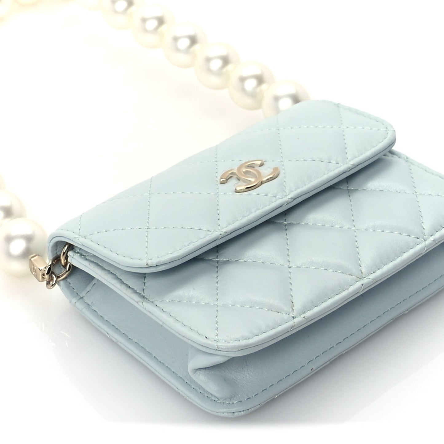 Lambskin Mini Maxi Pearls Wallet On Chain WOC Light Blue