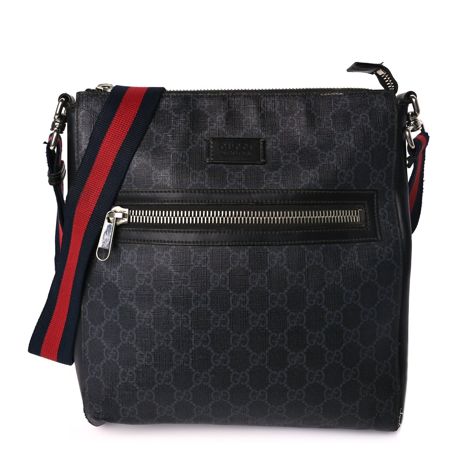 Gucci GG Supreme Monogram Appia Calfskin Web Flat Messenger Bag Black Grey 1 of 9