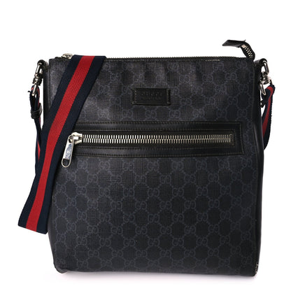 Gucci GG Supreme Monogram Appia Calfskin Web Flat Messenger Bag Black Grey 1 of 9