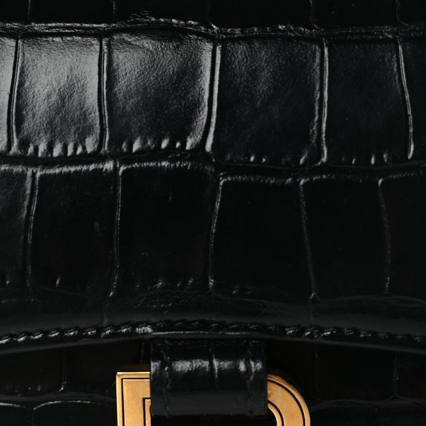 Shiny Calfskin Crocodile Embossed Hourglass Top Handle Bag XS Black