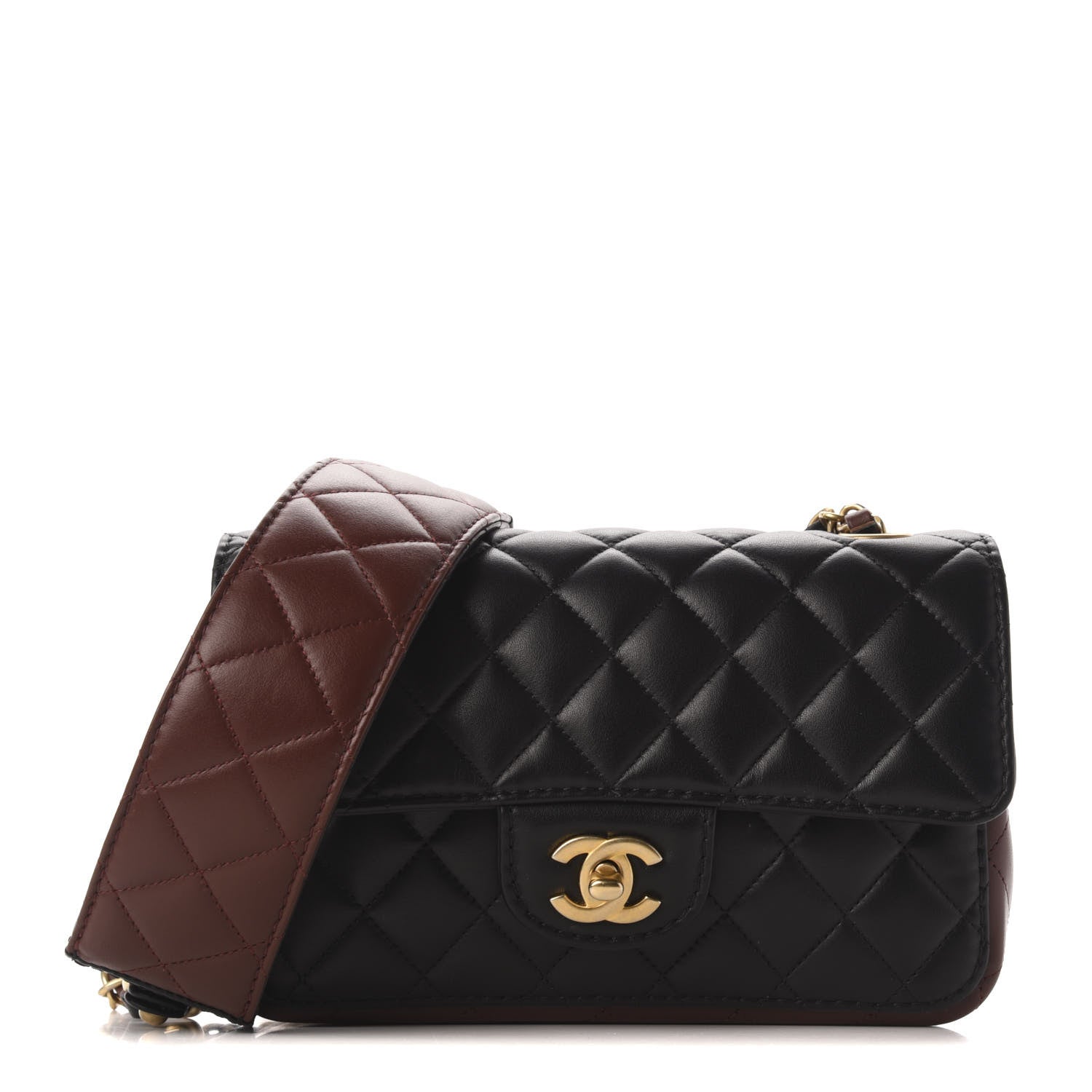 Chanel Calfskin Quilted Small Strap Into Flap Bag Black Brown 1 of 10