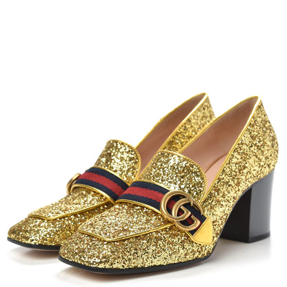 Gucci Glitter Nappa Web Peyton 75mm Loafer Pumps 39.5 Oro Vecchio 3 of 8