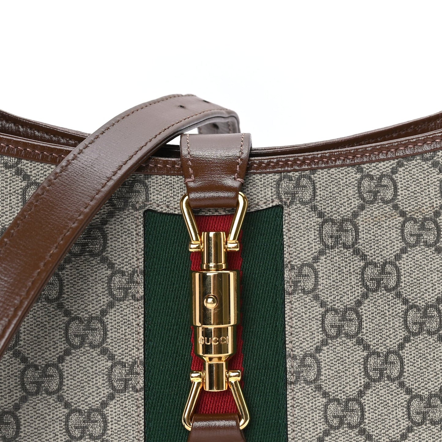 GG Supreme Monogram Azalea Calfskin Web Small Jackie 1961 Hobo Beige Ebony Brown Sugar