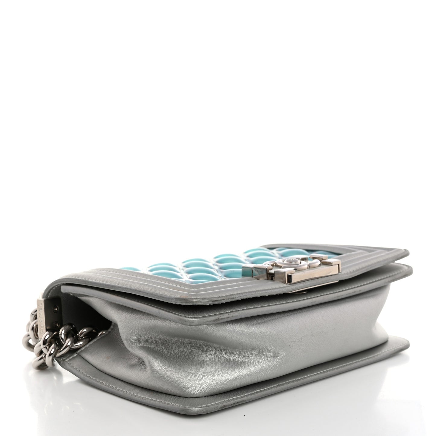 Iridescent Patent Calfskin PVC Quilted Small Boy Flap Blue