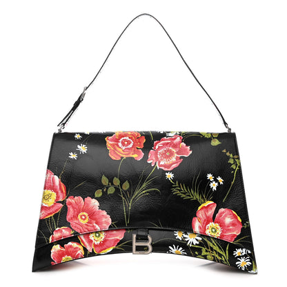 Balenciaga Shiny Paper Calfskin Floral Print Large Crush Sling Bag Black Red 1 of 11