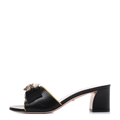 Gucci Nappa Silk Pearl Bee Embellished Mid Heel Slide Sandals 38.5 Black 1 of 14
