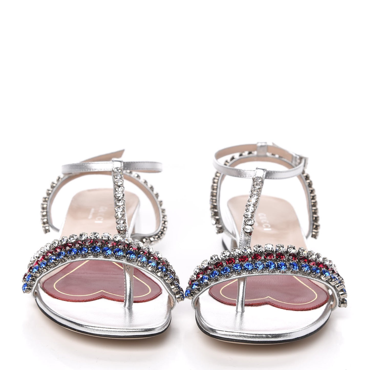 Nappa Silk Crystal Bertie T-Strap Low Heel Sandals 35.5 Argento
