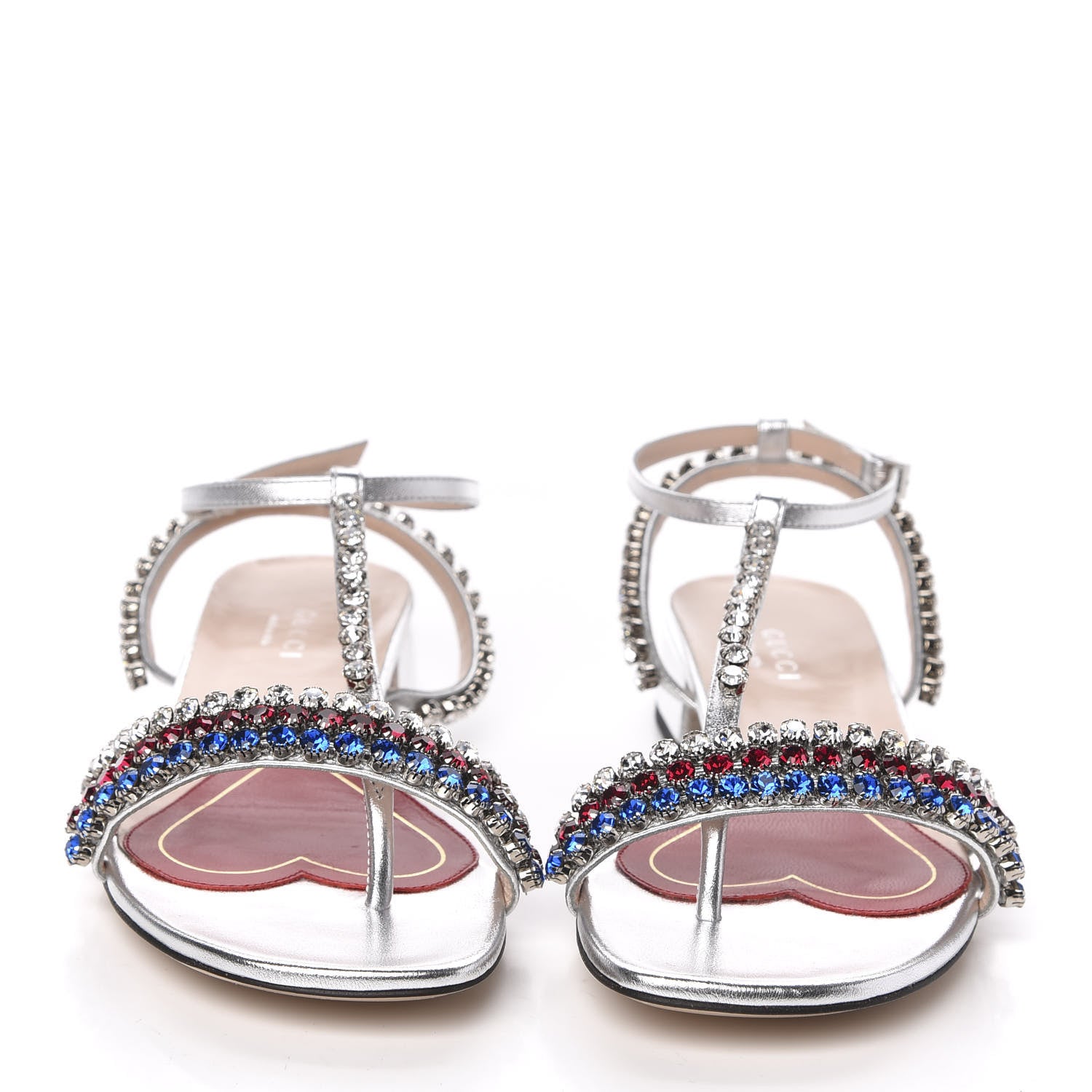 Gucci Nappa Silk Crystal Bertie T-Strap Low Heel Sandals 35.5 Argento 2 of 8