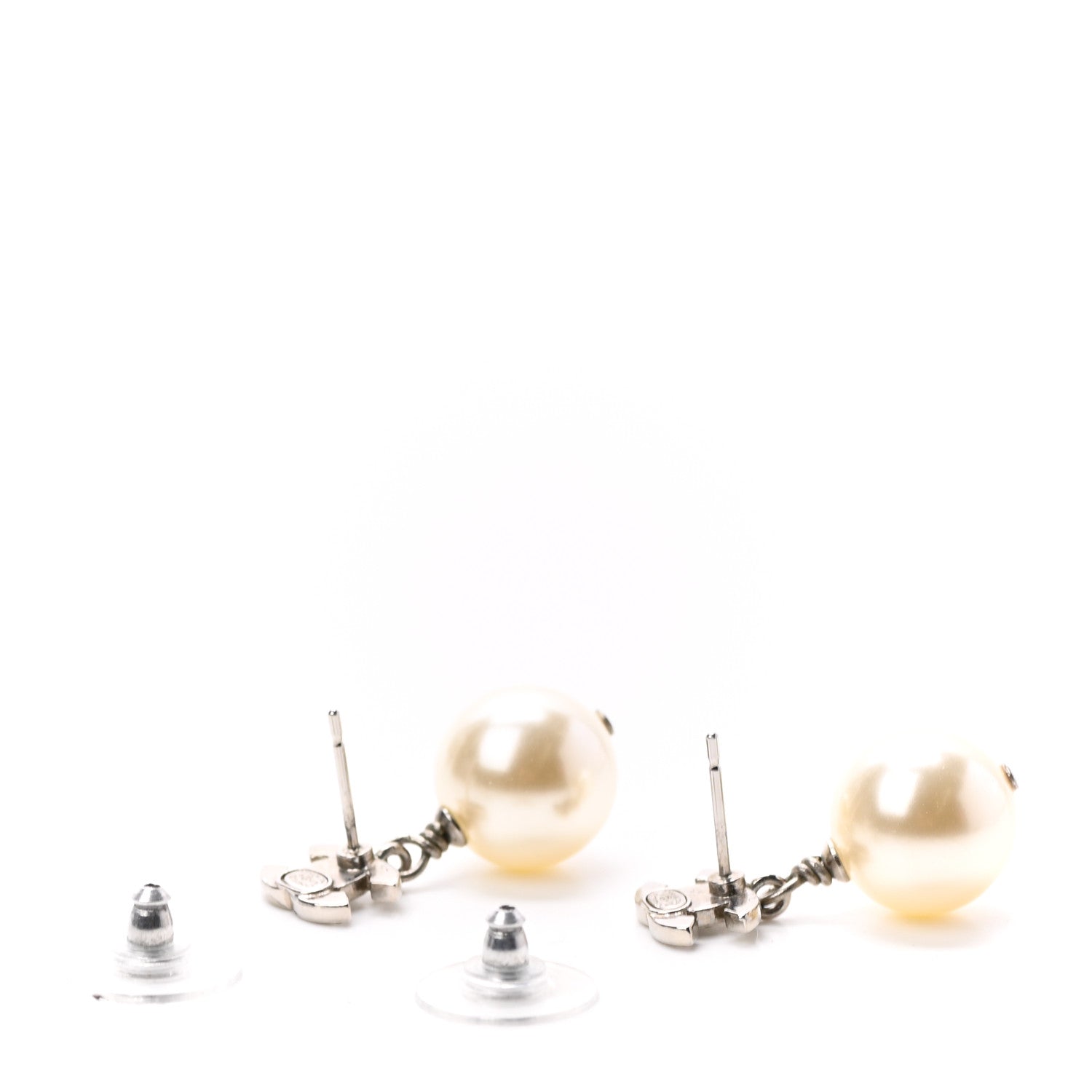 Chanel Crystal Pearl CC Drop Earrings Silver 3 of 4