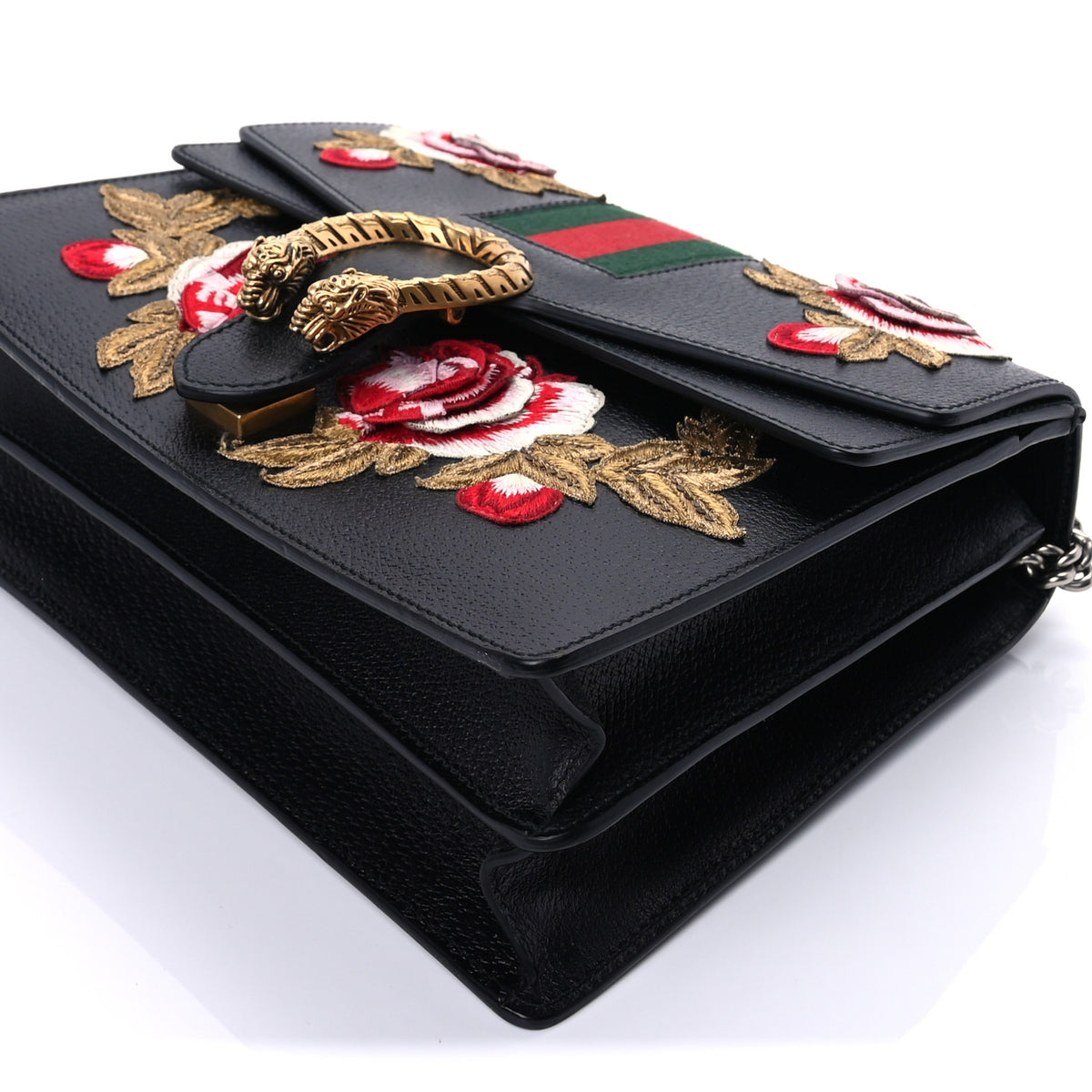 Calfskin Web Floral Embroidered Medium Dionysus Shoulder Bag Black
