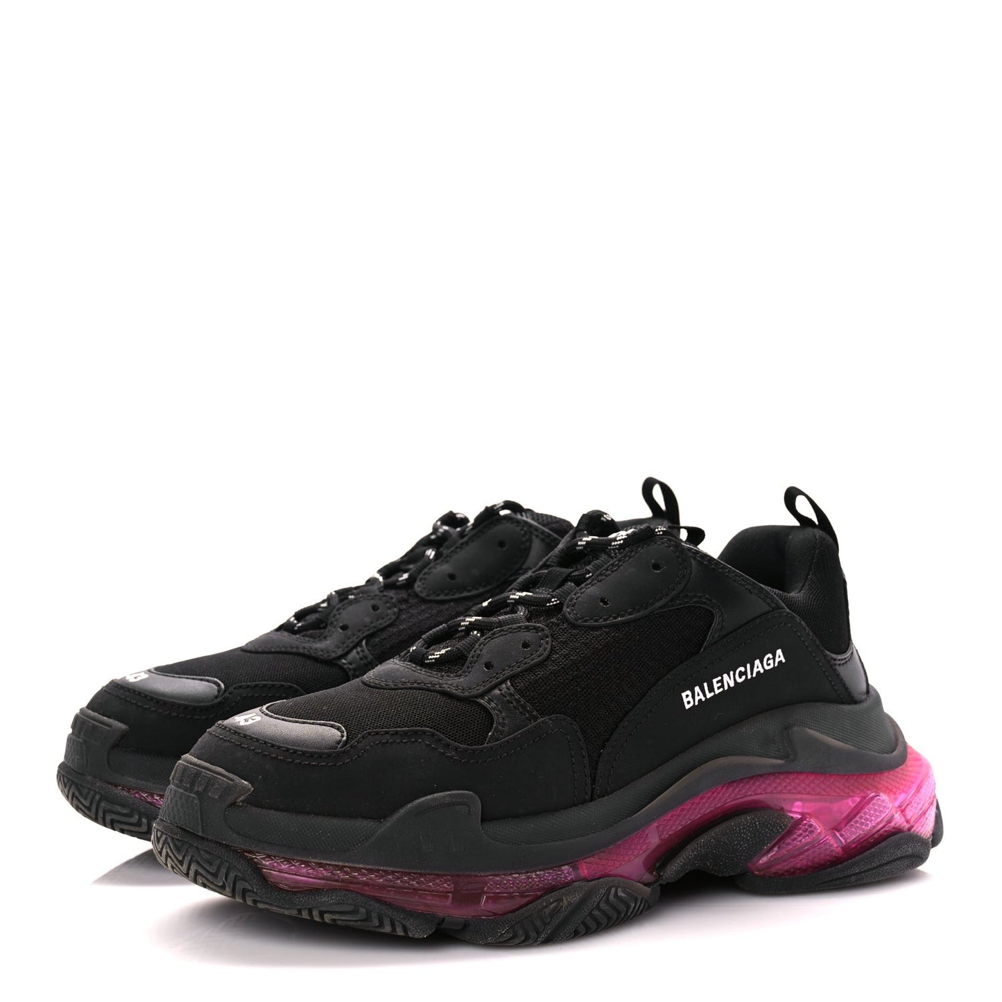 Fabric Mesh Clear Sole Mens Triple S Sneakers  Black Pink Neon