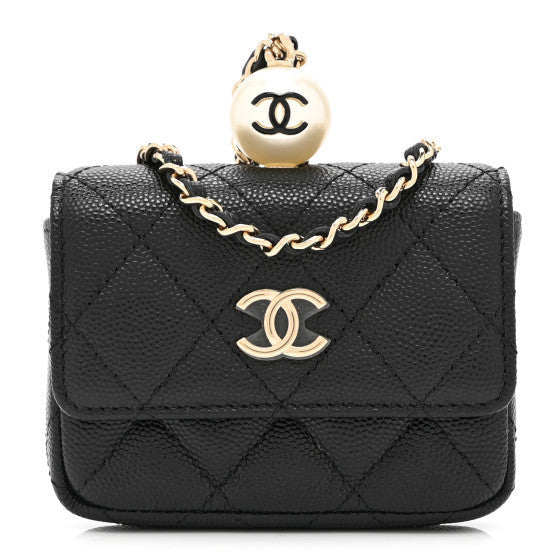Caviar Quilted Mini Pearl On Top Coin Purse With Chain Black