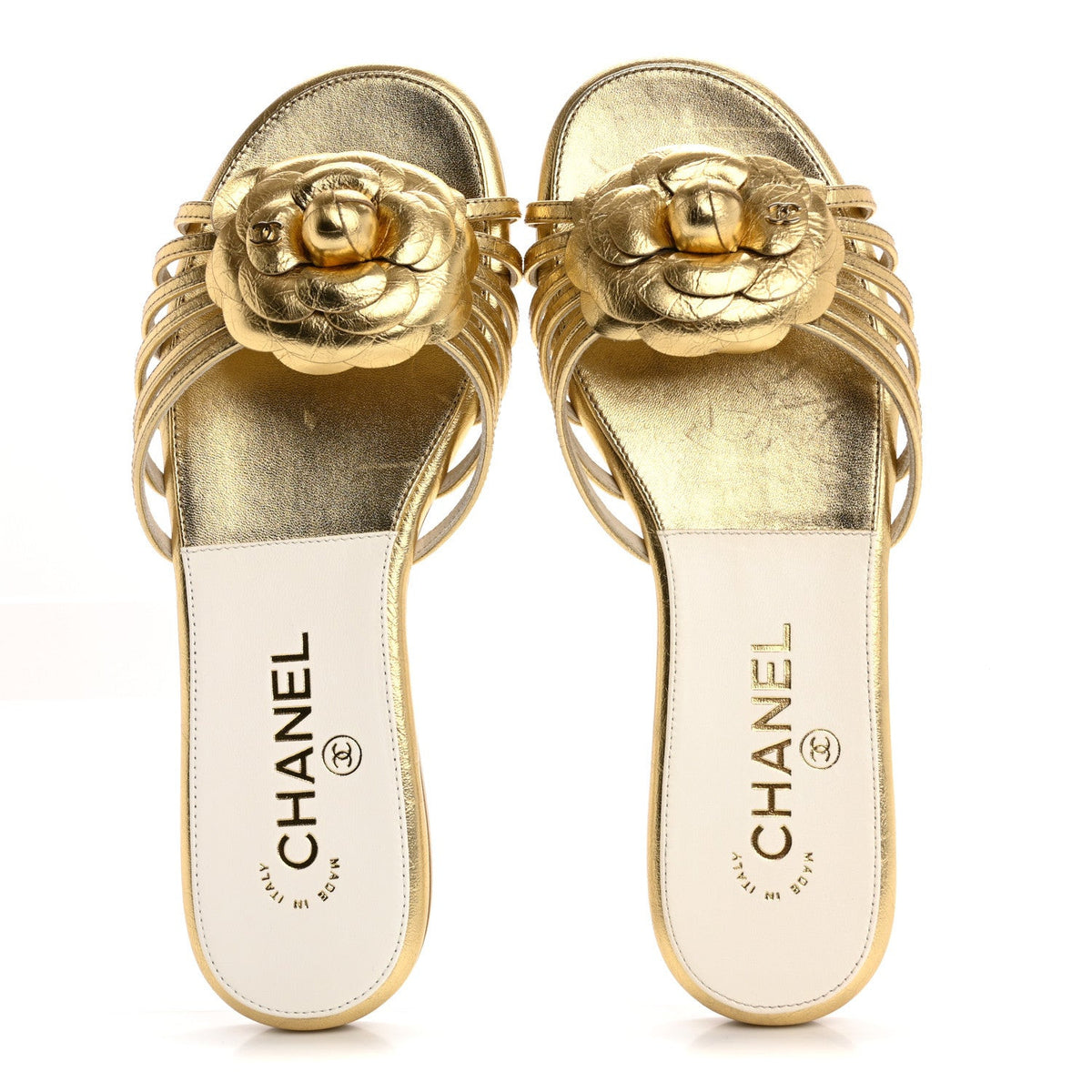 Chanel Laminated Lambskin Camellia CC Slide Sandals 36 Gold 2 of 7
