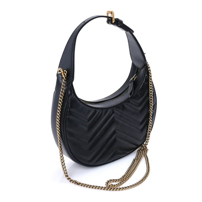 Gucci Calfskin Matelasse Chevron Mini GG Marmont Half Moon Hobo  Black 2 of 7