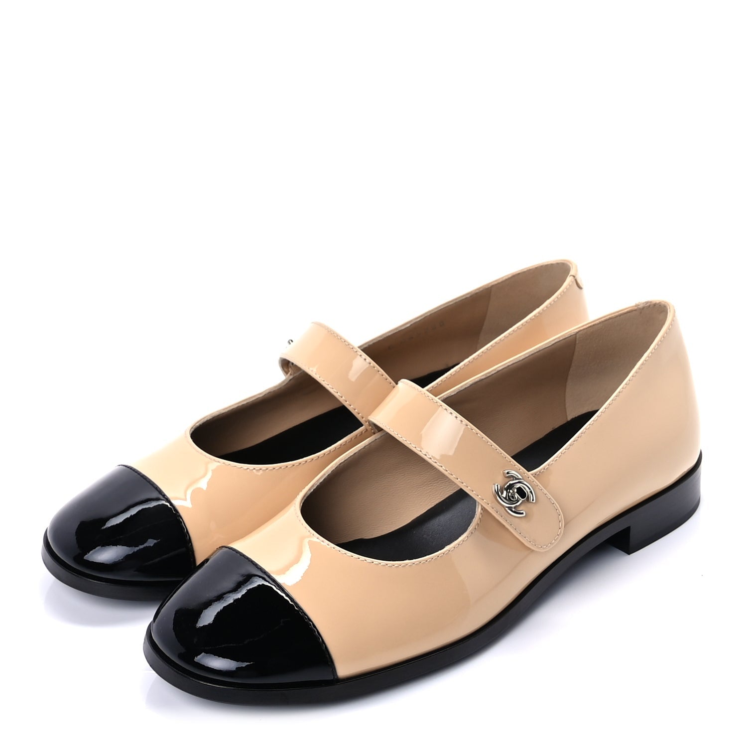 Chanel Patent Calfskin Mary Janes Flats 40 Beige Black 3 of 9