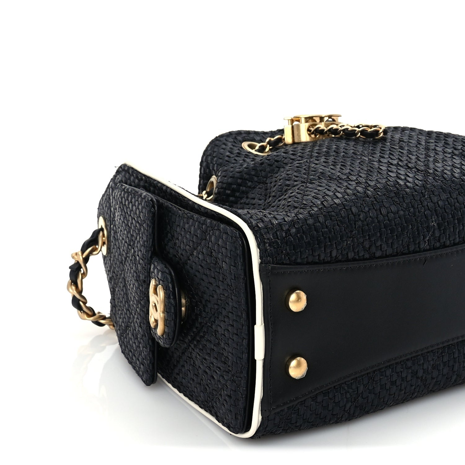 Chanel Braided Raffia Calfskin Quilted Mini  25 Handbag Black White 8 of 9