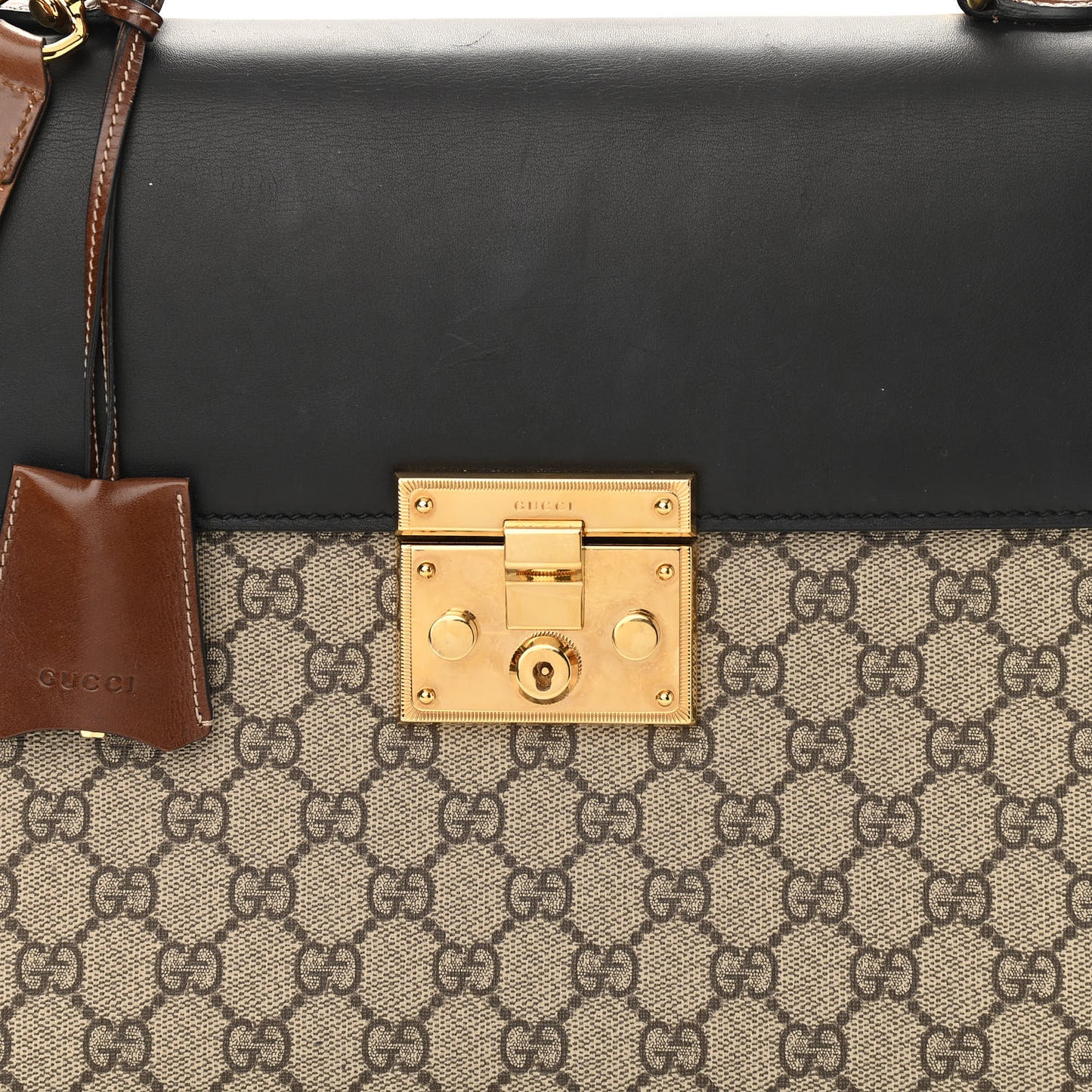 GG Supreme Monogram Calfskin Medium Padlock Top Handle Bag Beige Black Cuir