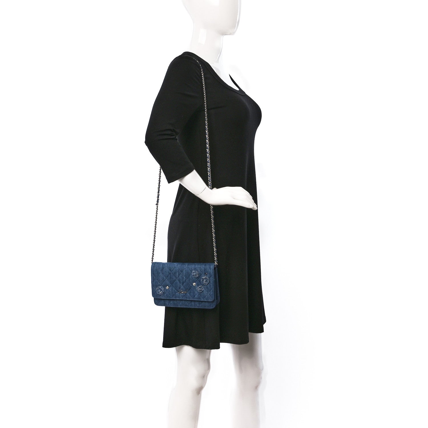 Chanel Denim Quilted Camellia Wallet On Chain WOC Blue 2 of 10