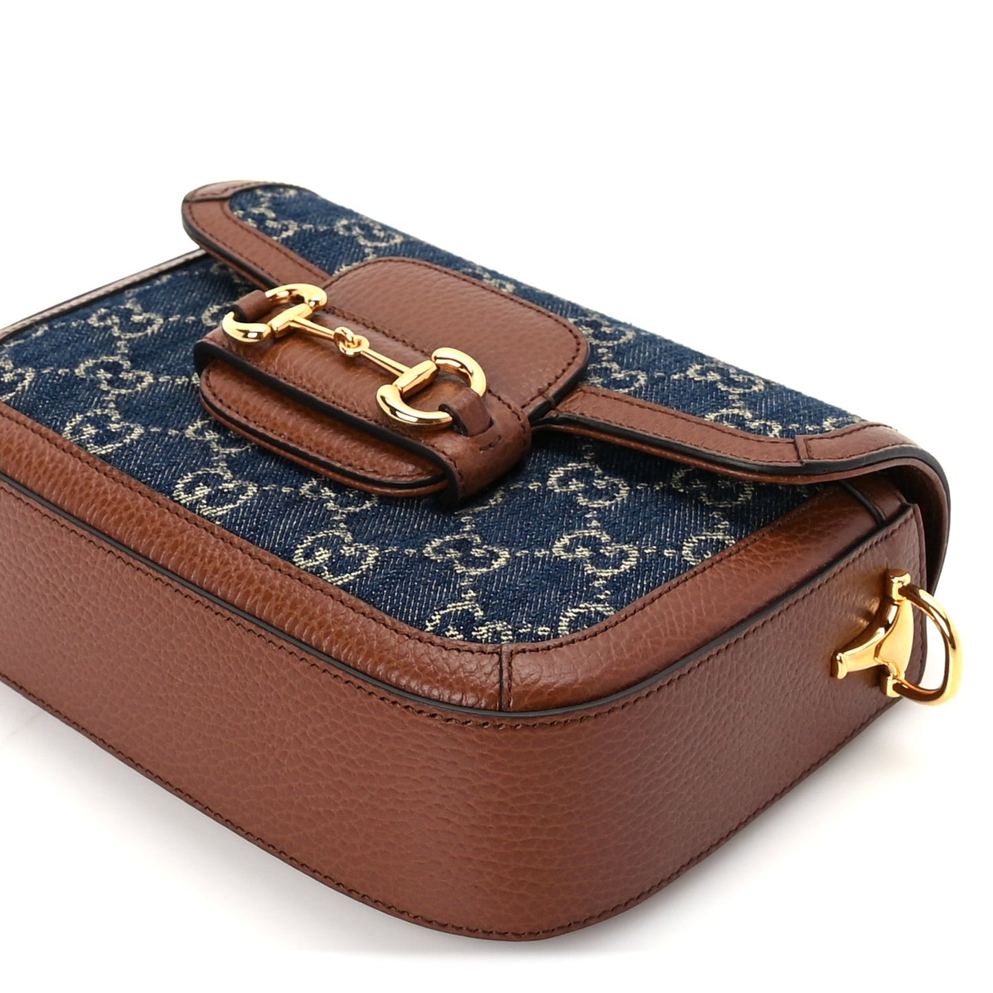 New Denim GG Monogram Dollar Calfskin Web Mini Horsebit 1955 Shoulder Bag Blue Tea Cuir Epilog