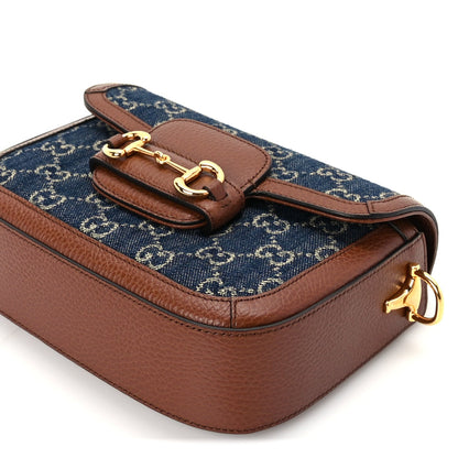 Gucci New Denim GG Monogram Dollar Calfskin Web Mini Horsebit 1955 Shoulder Bag Blue Tea Cuir Epilog 10 of 10