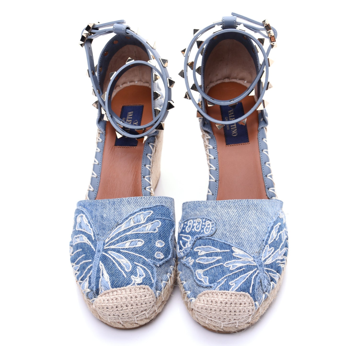 Denim Butterfly Embroidered Rockstud Ankle Wrap Espadrille 15/85mm Wedges 36 Light Denim