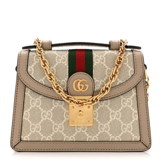 Gucci GG Supreme Monogram Textured Dollar Calfskin Web Mini Ophidia Padlock Top Handle Chain Shoulder Bag Beige Mystic White Oatmeal 1 of 10