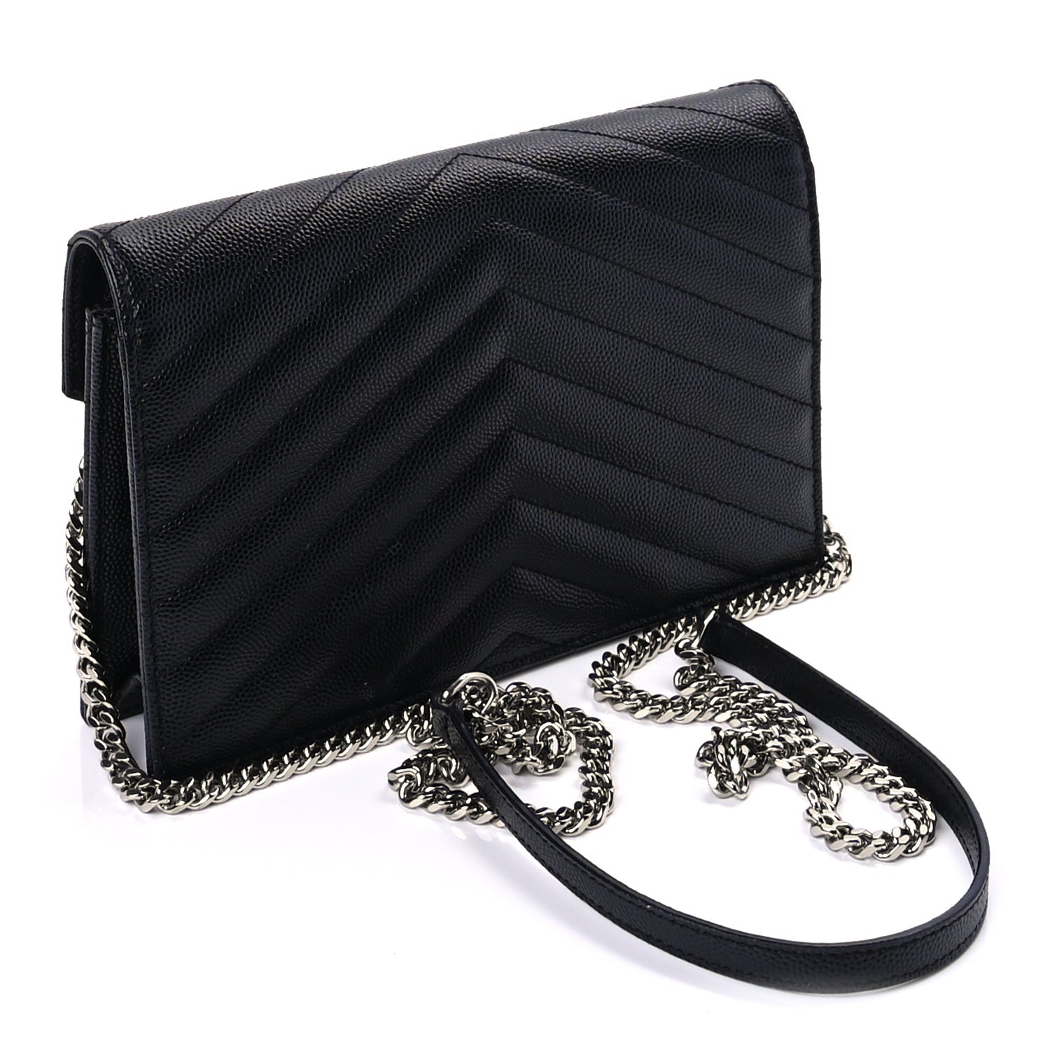 Saint Laurent Grain De Poudre Matelasse Chevron Monogram Envelope Chain Wallet Black 2 of 7