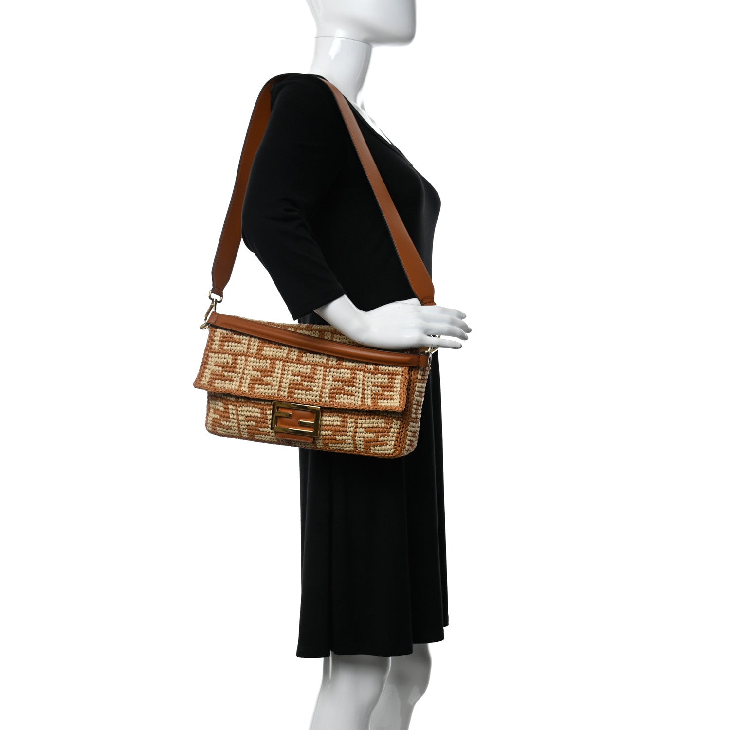 Fendi Raffia Vitello Seta FF Woven Large Baguette Brick Natural 2 of 10
