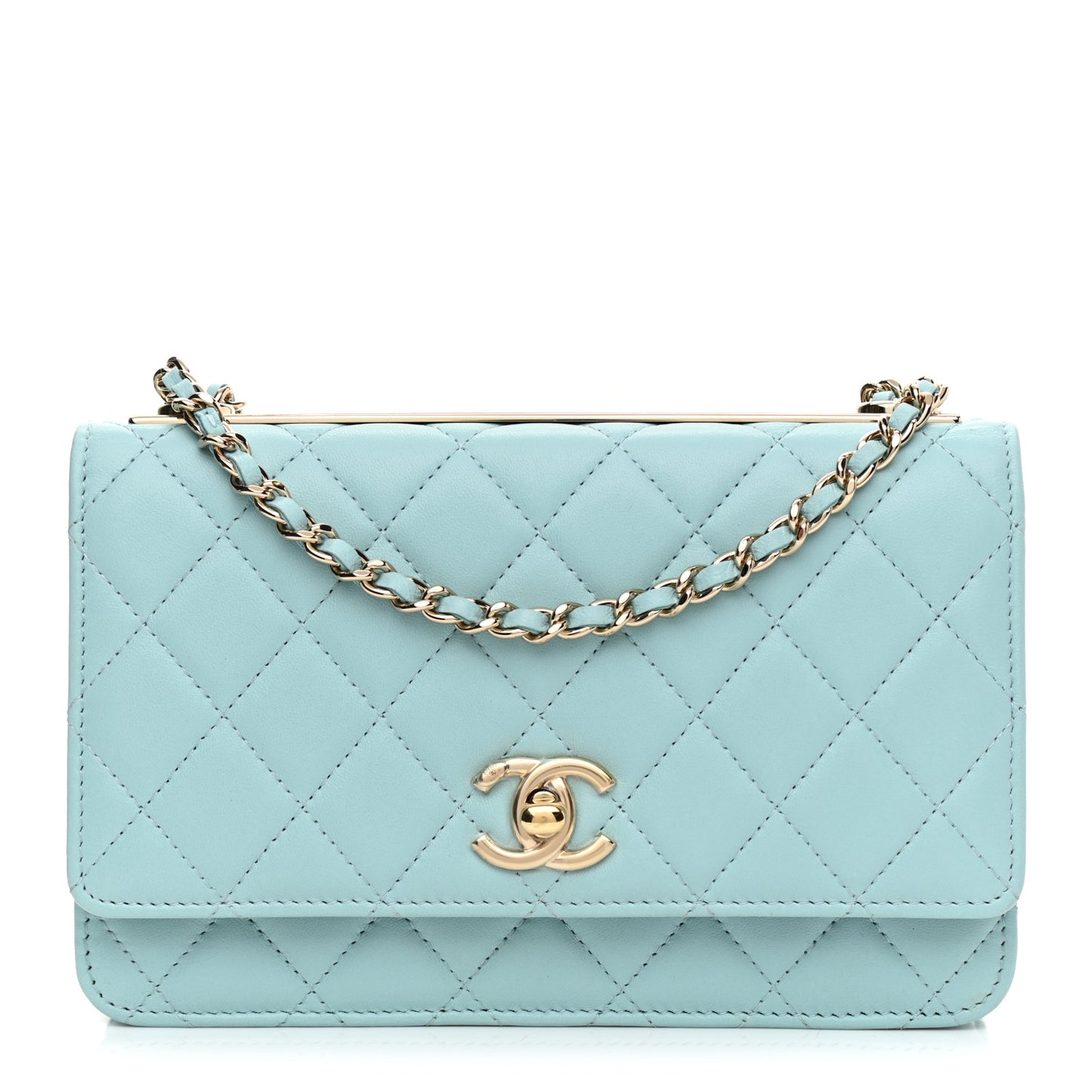 Lambskin Quilted Trendy CC Wallet On Chain WOC Light Blue
