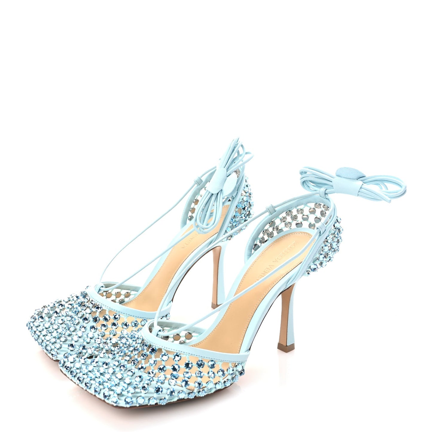 Mesh Nappa Crystal Embellished Sparkle Stretch Ankle Tie Sandals Pale Blue