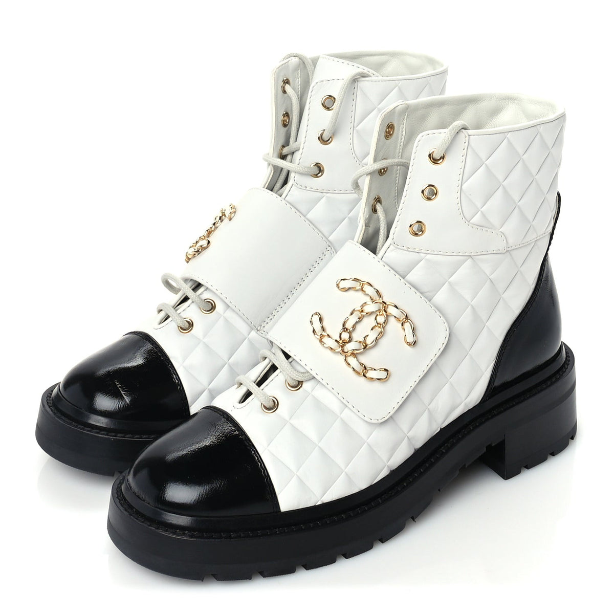 Chanel Shiny Goatskin Calfskin Quilted Lace Up Combat Boots  39 Ivory Black 2 of 7