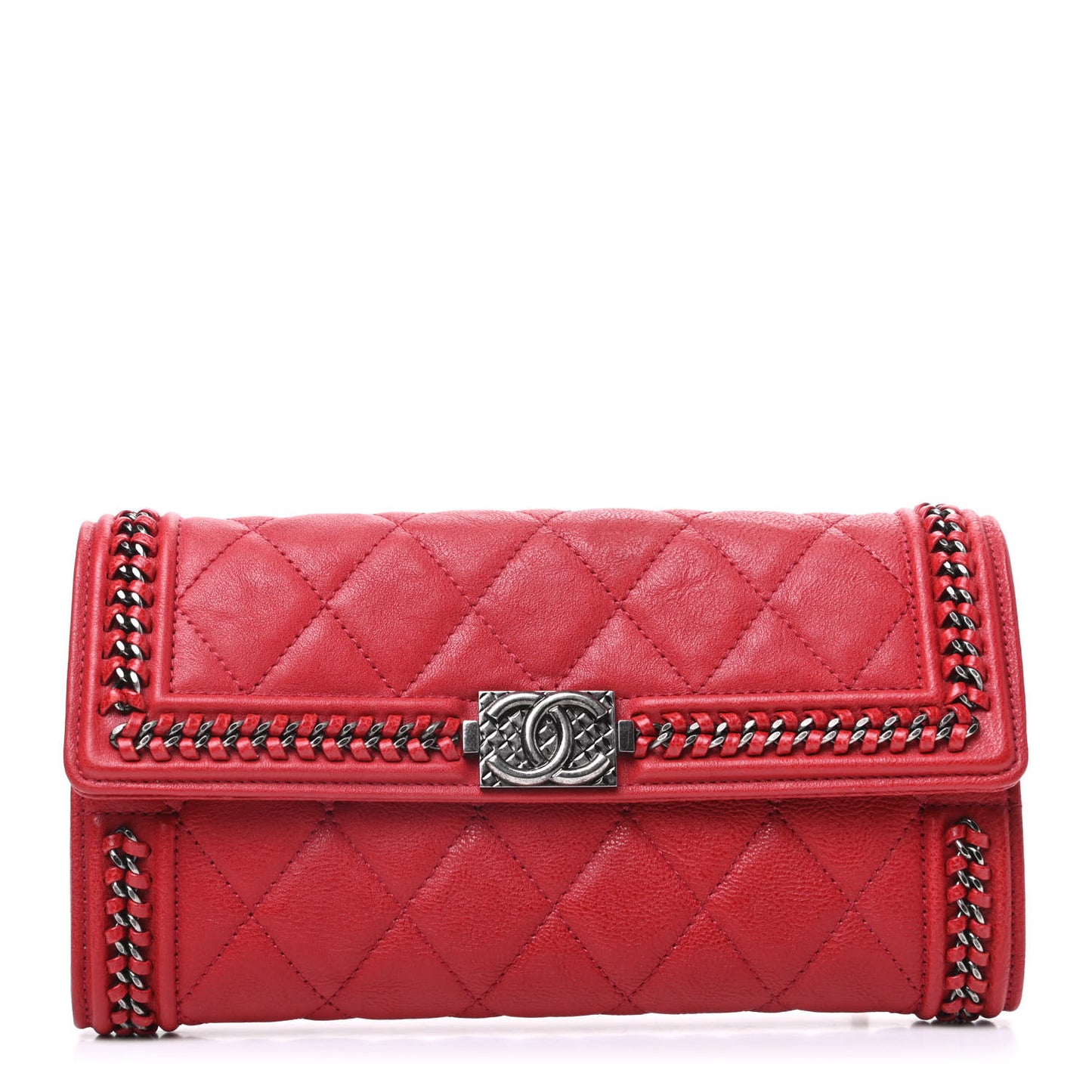 Calfskin Quilted Boy Chain Around Flap Wallet Red