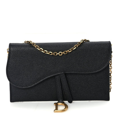 Christian Dior Grained Calfskin Saddle Chain Wallet Pouch  Black 1 of 8