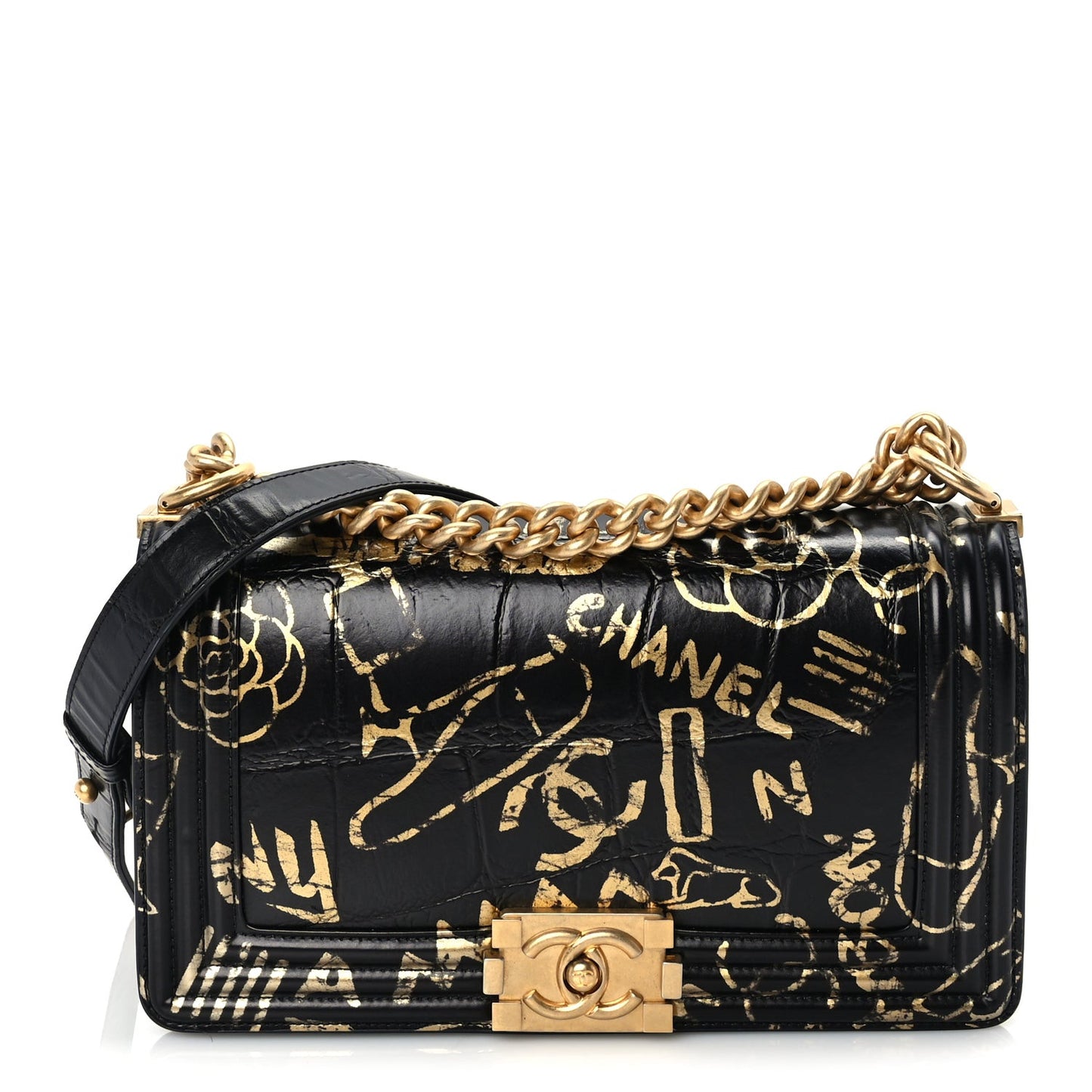 Calfskin Crocodile Embossed Graffiti Cocodile Medium Boy Flap Black