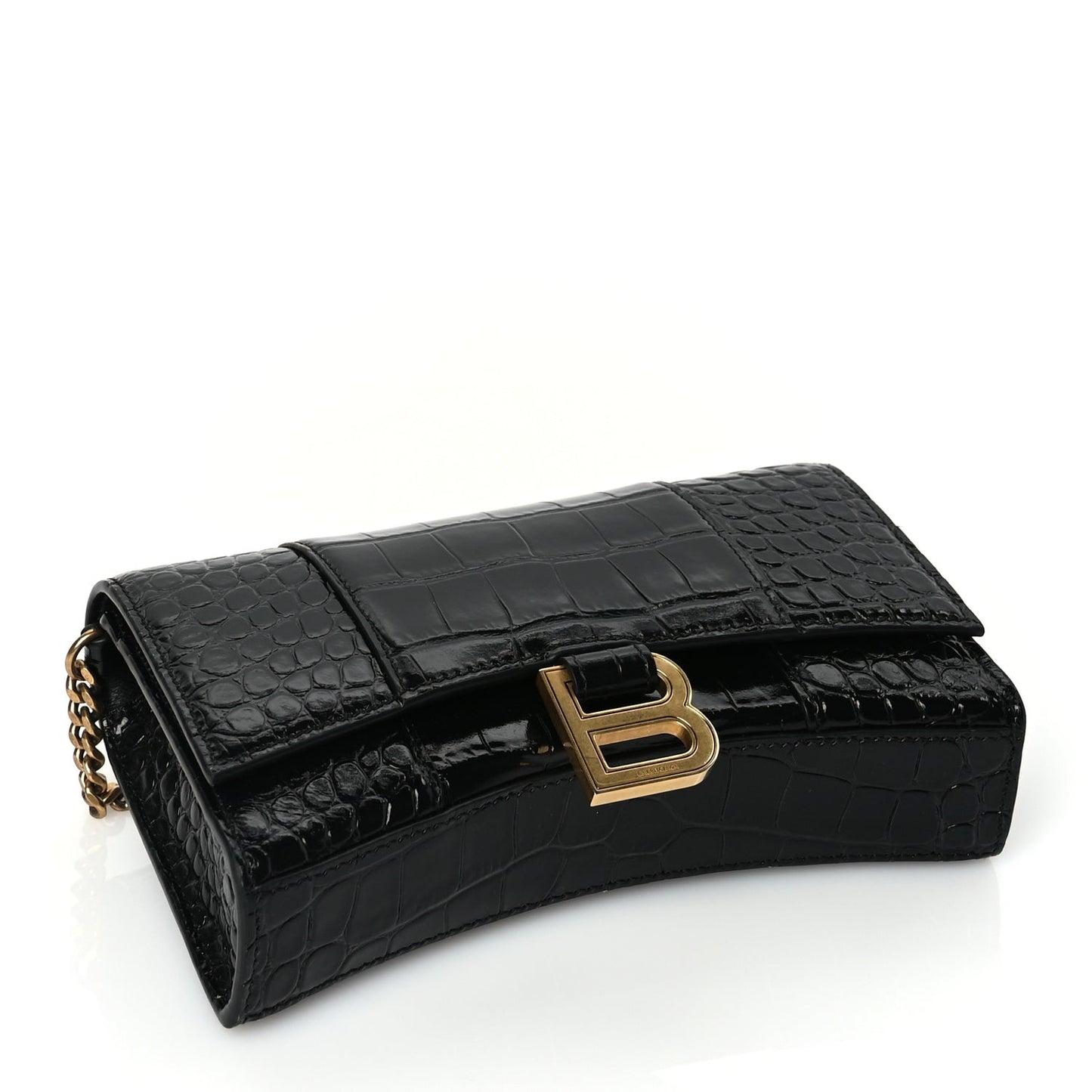 Shiny Calfskin Crocodile Embossed Hourglass Wallet on Chain Black