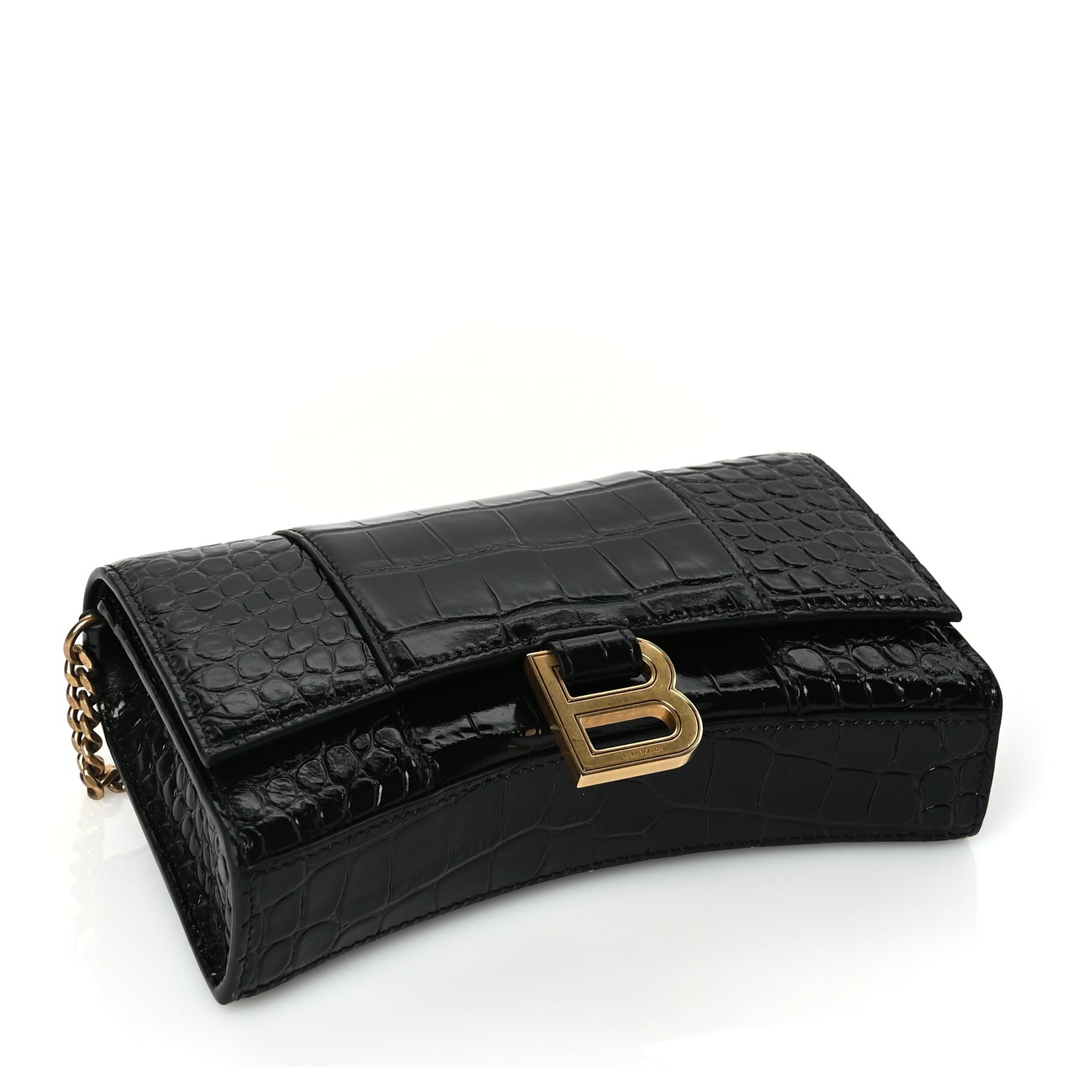 Balenciaga Shiny Calfskin Crocodile Embossed Hourglass Wallet on Chain Black 3 of 8