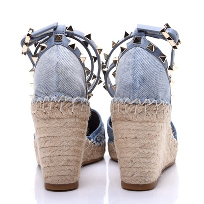 Valentino Garavani Denim Butterfly Embroidered Rockstud Ankle Wrap Espadrille 15/85mm Wedges 36 Light Denim 4 of 18