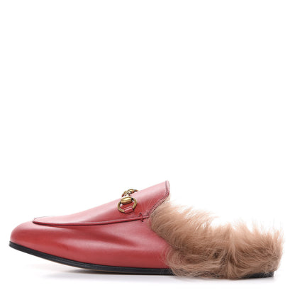 Gucci Betis Glamour Calfskin Fur Womens Princetown Slippers 37 Hibiscus Red Naturale 1 of 13