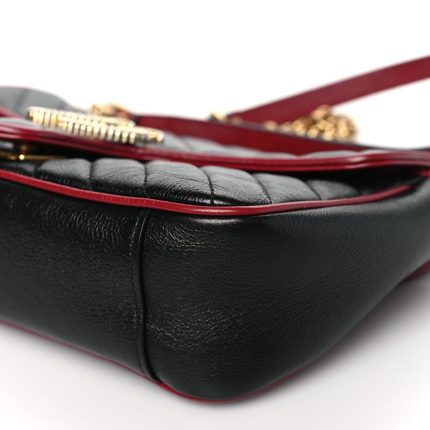 Vintage Effect Calfskin Matelasse Diagonal Small Torchon GG Marmont Shoulder Bag Black Romantic Cherry