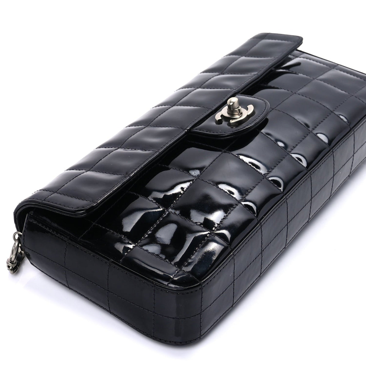 Patent Quilted East West Chocolate Bar Flap Black
