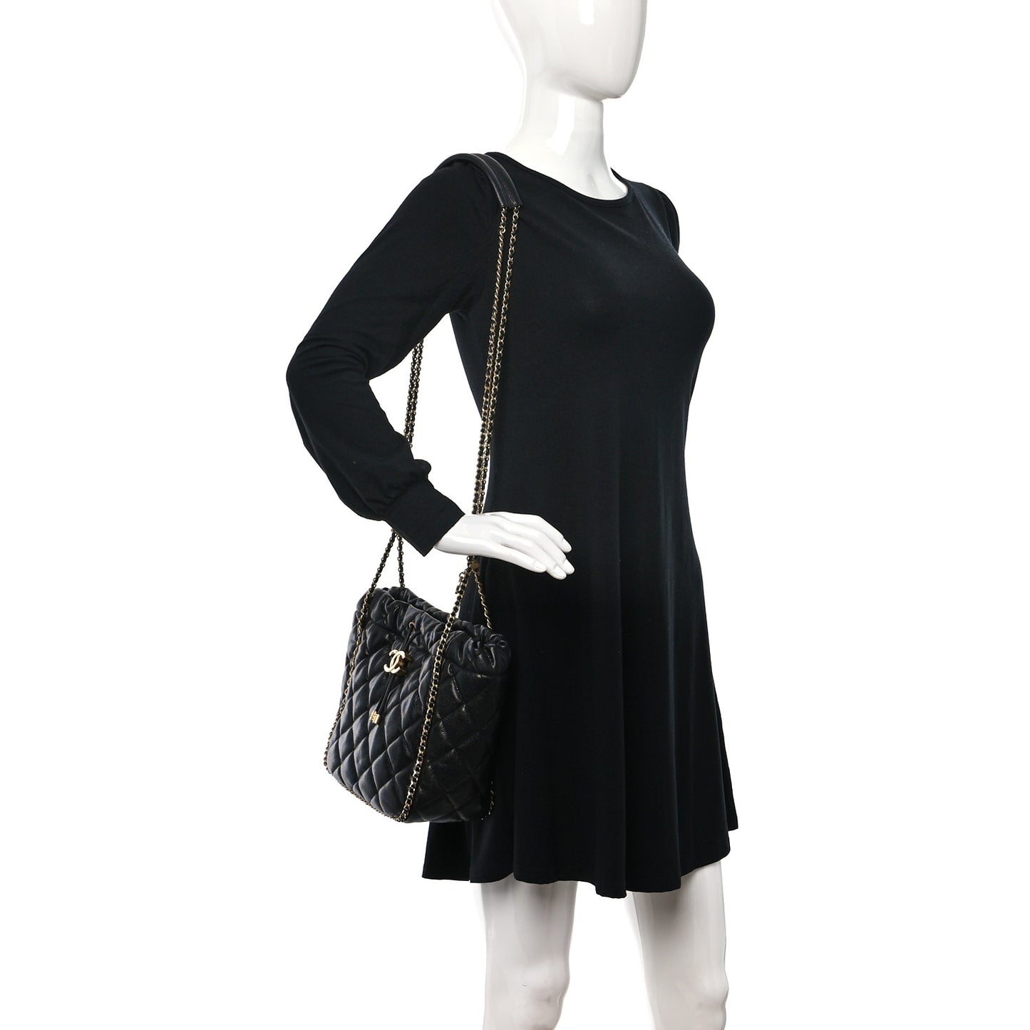 Caviar Quilted Chain Around Multi Chain Bucket Drawstring Bag Black