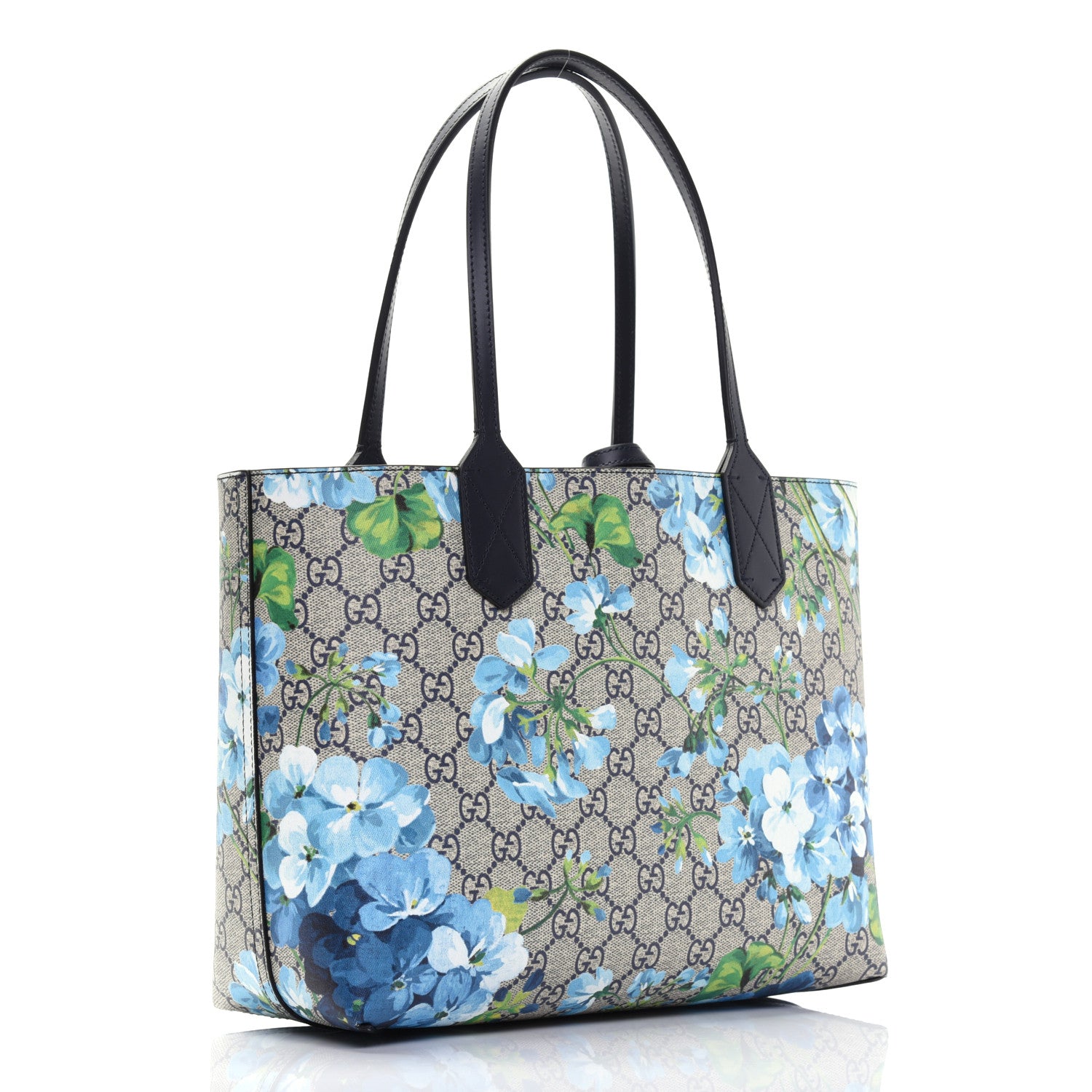 Gucci GG Supreme Monogram Blooms Small Reversible Tote Beige Blue Navy 4 of 15