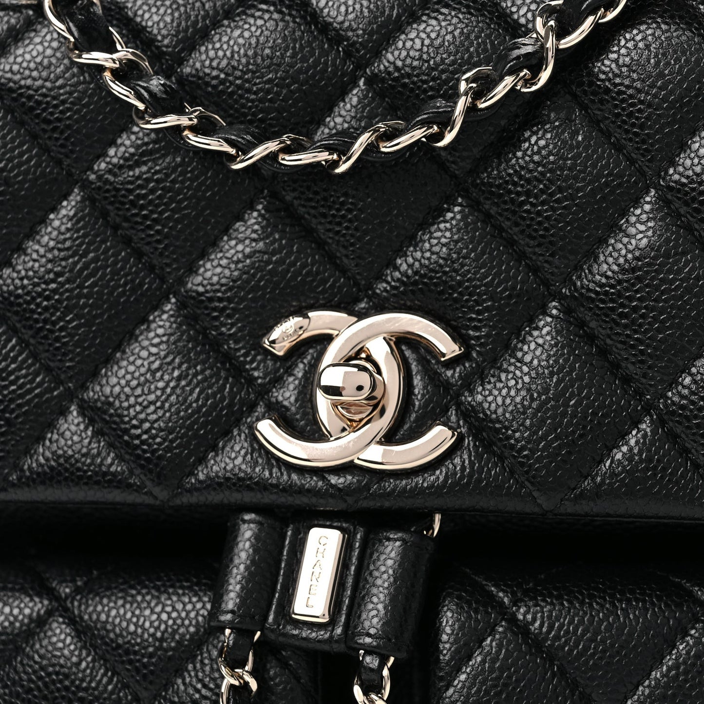 Shiny Caviar Quilted Small Duma Pockets Drawstring Backpack Black