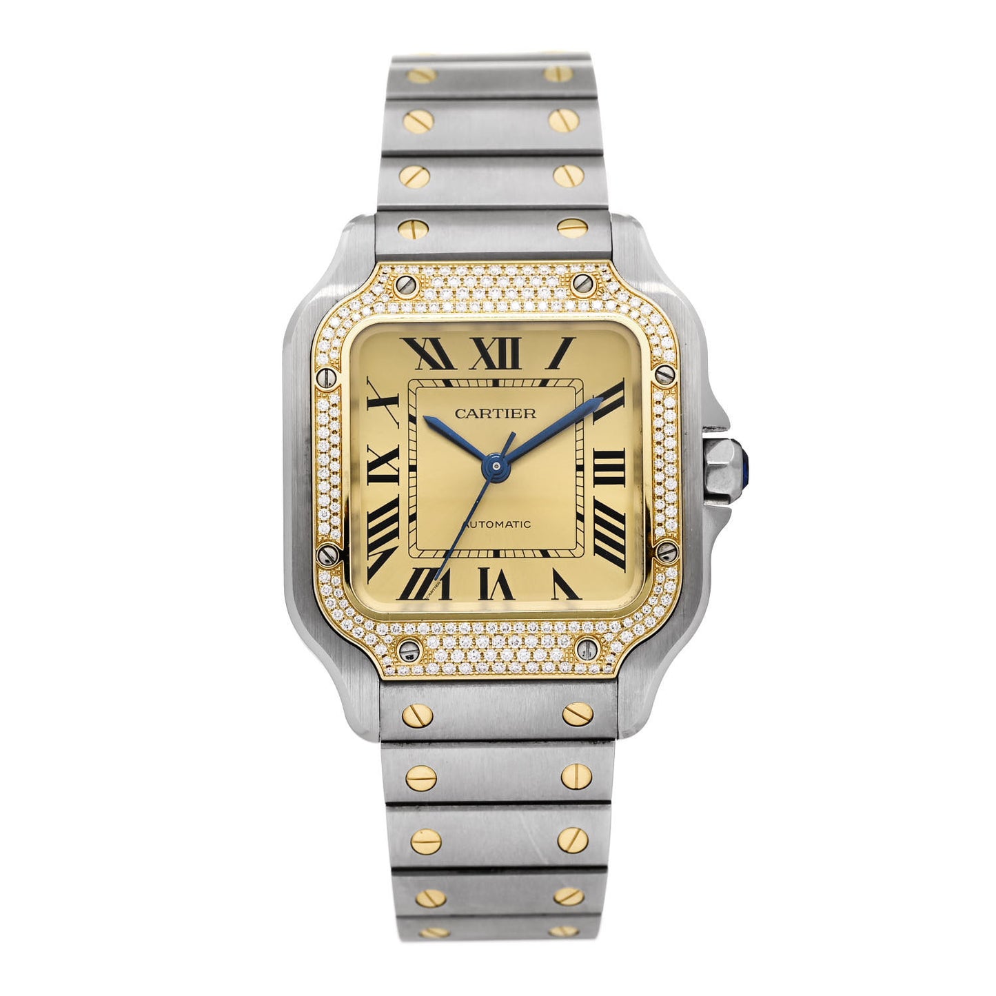 Stainless Steel 18K Yellow Gold Diamond Pave Bezel 35mm Santos de Cartier Automatic Watch