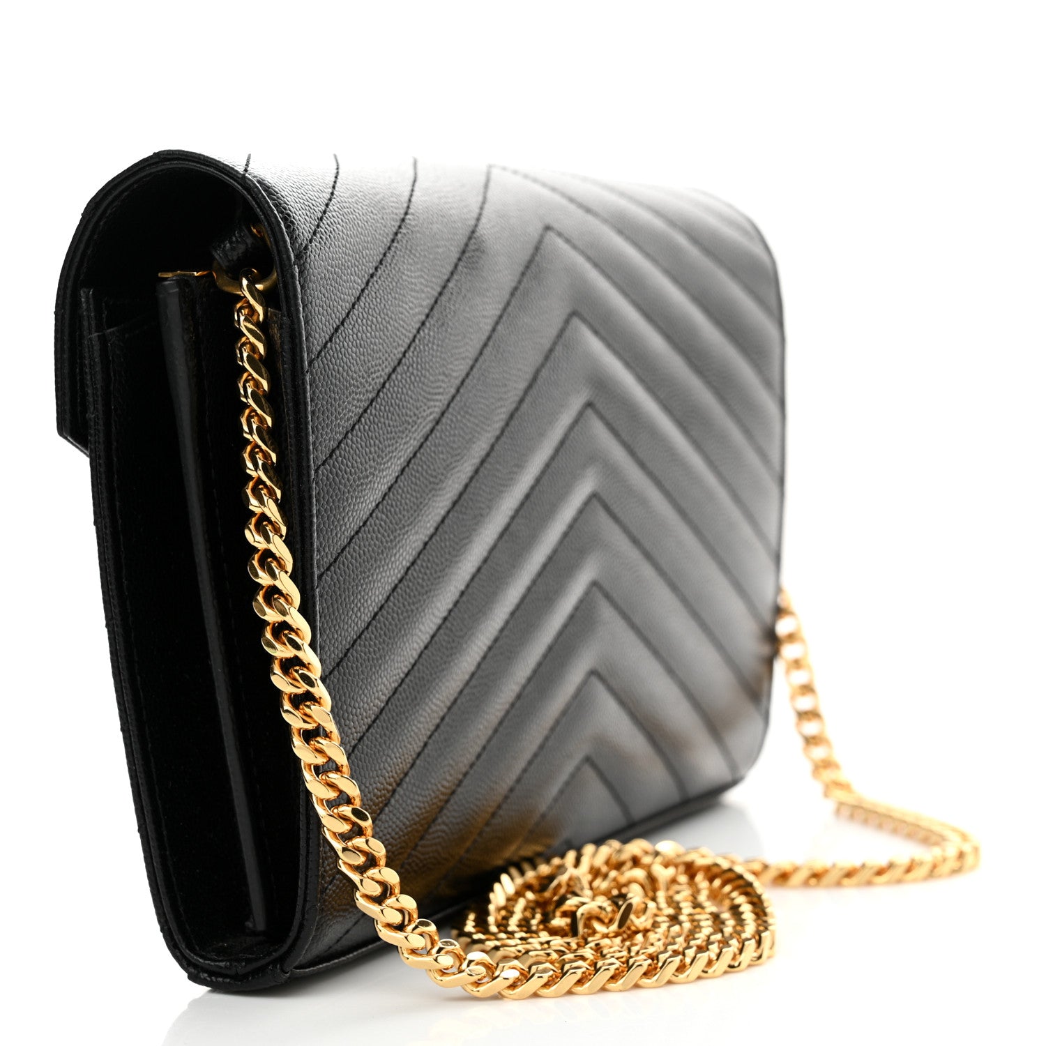 Saint Laurent Grain De Poudre Matelasse Chevron Monogram Chain Wallet Black 3 of 12