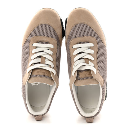 Hermes Textured Mesh Suede Goatskin Bouncing Sneakers 37.5 Beige Camel 2 of 9