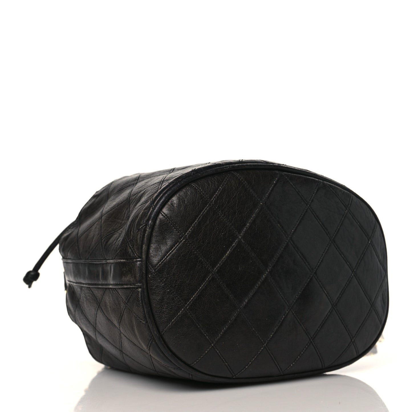 Lambskin Diamond Stitched CC Drawstring Shoulder Bag Black